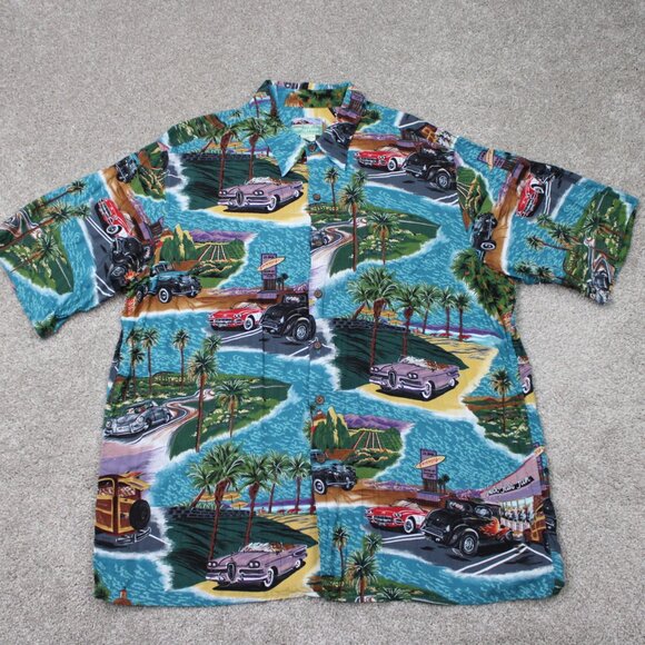 Reyn Spooner Hawaiian Shirt Mens XL Spooners Car 100% Rayon S/S Button Up - Picture 1 of 13